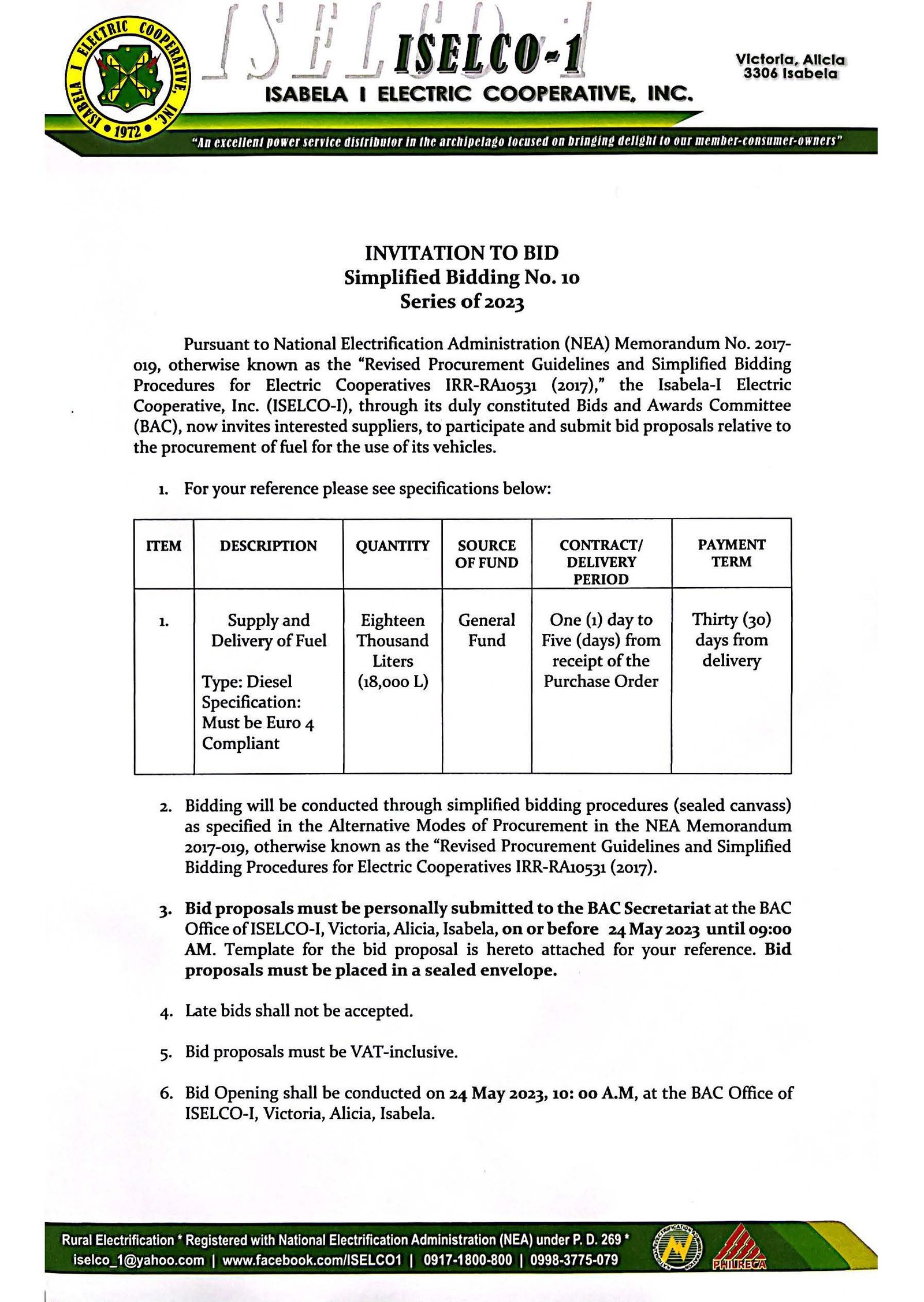 SIMPLIFIED BIDDING NO. 10 SERIES OF 2023 - PROCUREMENT OF FUEL FOR THE USE OF COOPERATIVE'S VEHICLES